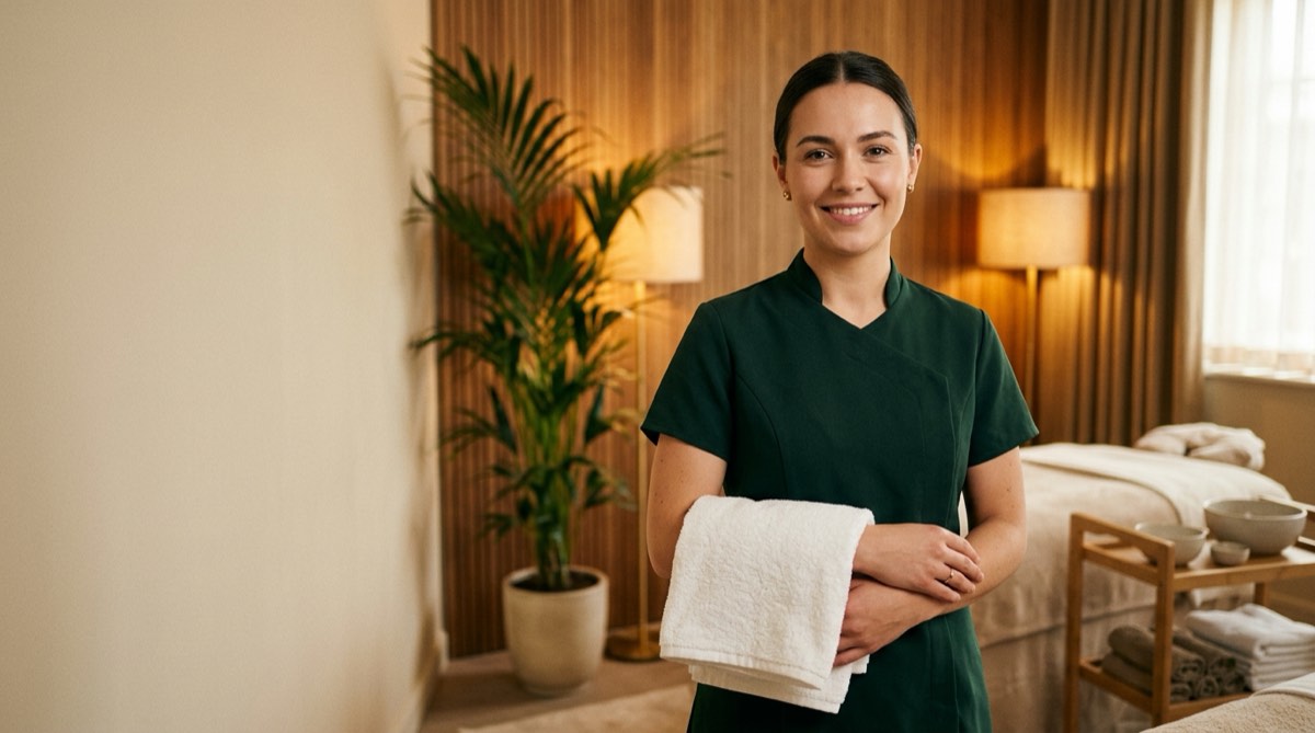 A beauty therapist holding a folded towel in a warmly lit treatment room