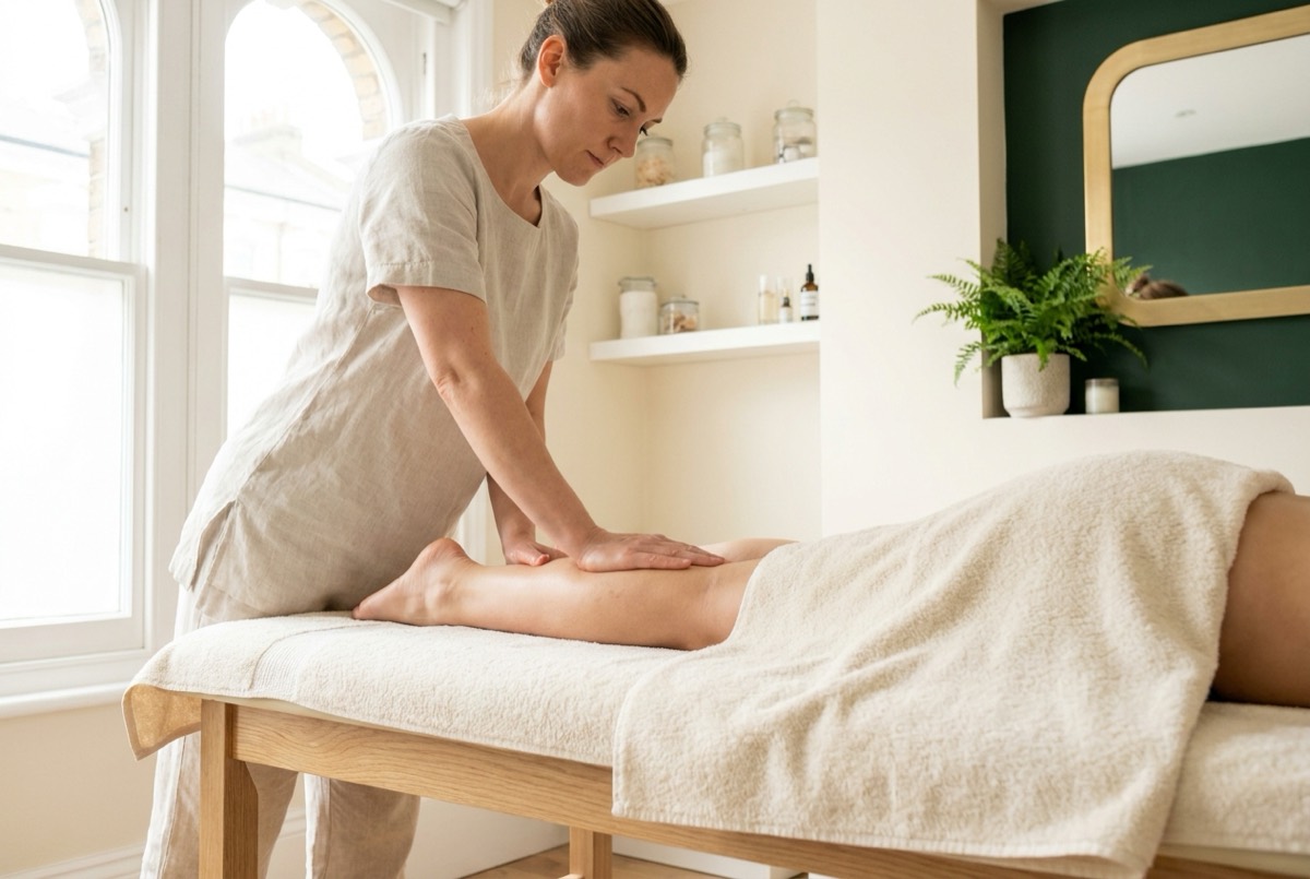 A therapist pressing firmly into a client's lower back during a deep tissue massage