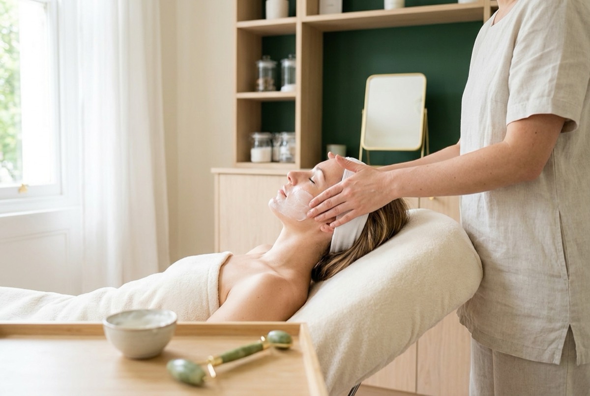 Cream being massaged along a client's cheek and jaw during a facial