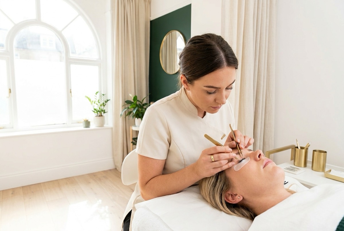 Fine tweezers placing a lash extension on a client resting with closed eyes