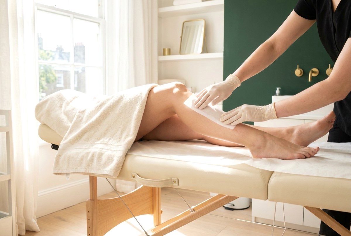 A gloved hand smoothing a wax strip along a client's lower leg