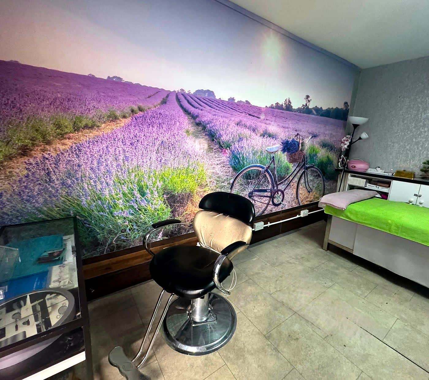 A treatment area at Taitam-D, with a lavender-field mural, styling chair and facial bed