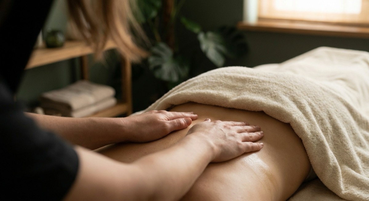 A therapist's hands resting on a client's back at the start of a treatment
