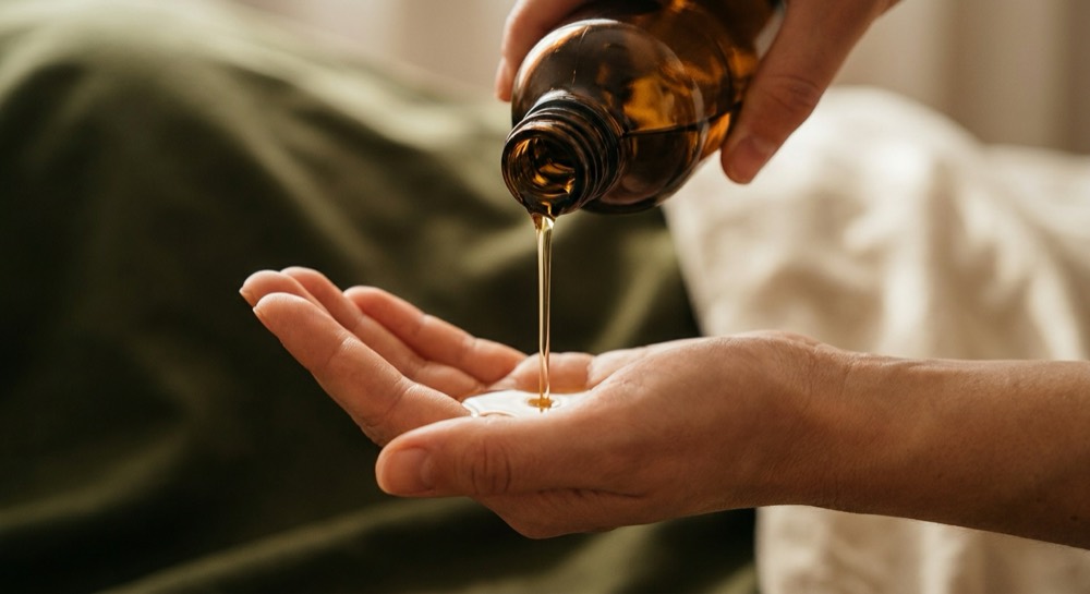 Warm massage oil poured from an unlabelled amber bottle into an open palm
