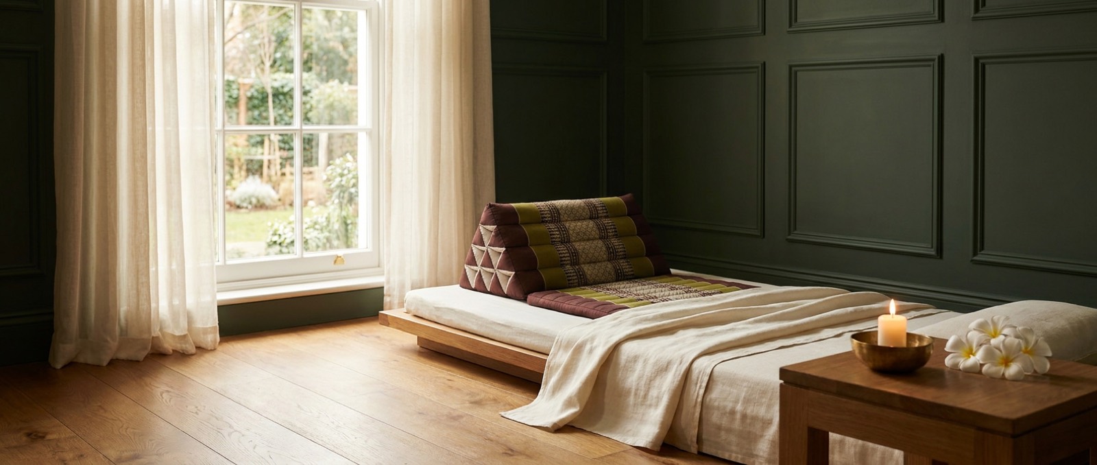 A Thai massage treatment room with a floor mattress, cream linen and a lit candle