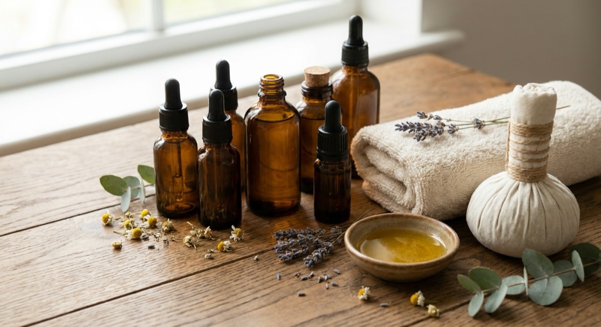 Aromatherapy oils in unlabelled amber bottles, a herbal compress and a folded towel