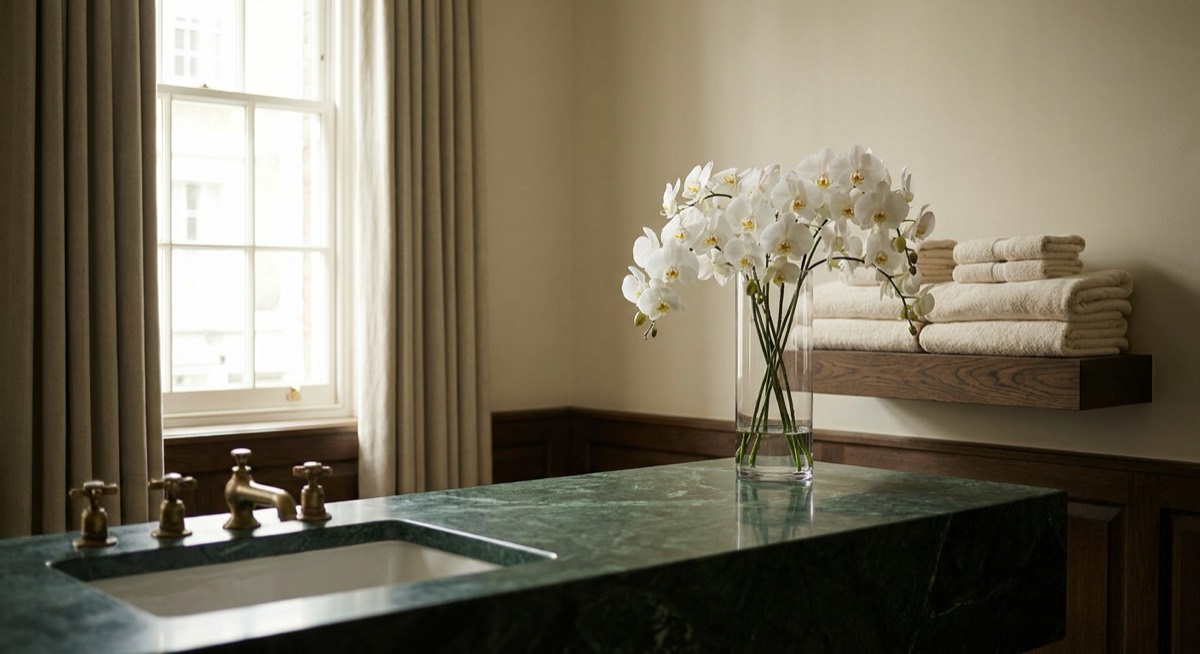 A calm spa interior with green marble, brass fittings, white orchids and folded towels