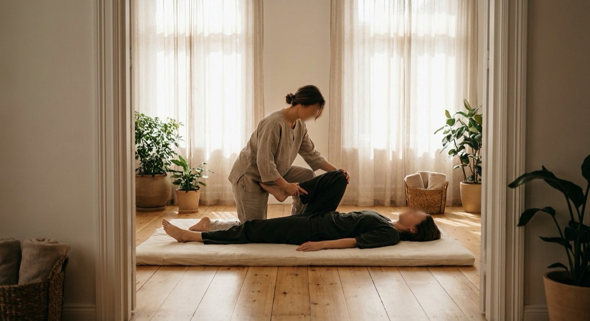 An assisted Thai stretch on a floor mattress in a bright room