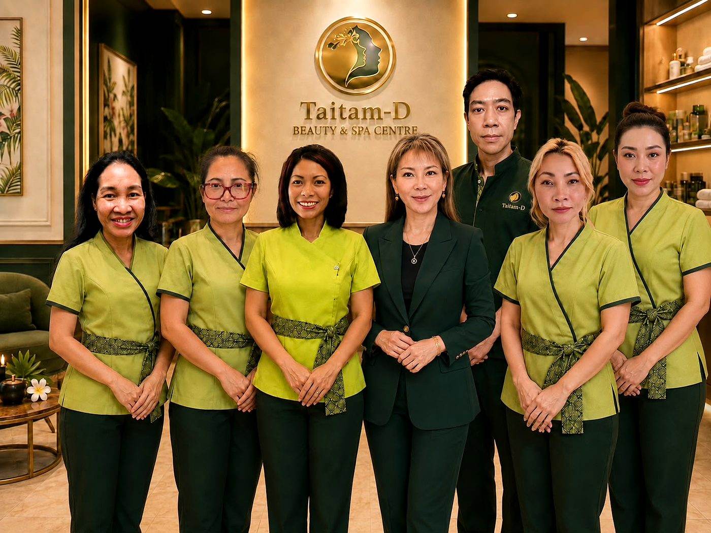 The Taitam-D team of seven in green uniforms, standing together in front of the Taitam-D Beauty & Spa Centre logo wall
